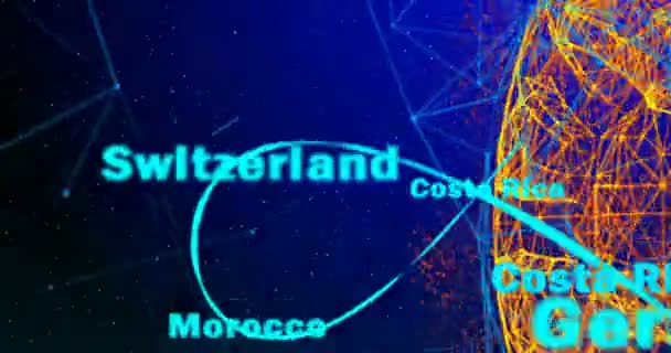 Bola de futebol e continentes do planeta Terra girando sobre um fundo gradiente, consistindo de linhas e partículas e nomes dos estados que participam da Copa do Mundo — Vídeo de Stock