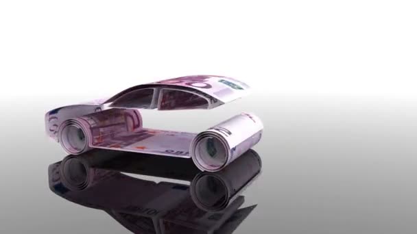 El coche se crea a partir de billetes en euros, el concepto de financiación de la industria automotriz, préstamos a la compra de coches, los costes de efectivo para el coche . — Vídeo de stock