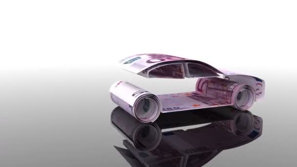Az autó jön létre az Euro-bankjegyek, a koncepció az autóipar, vásárlási autók, készpénzes költségek az autó hitelek finanszírozása. — Stock videók