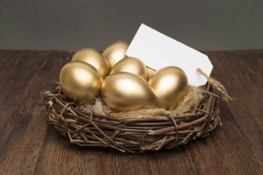 Bir etiket ve bir ahşap arka plan üzerinde metin için yer ile altın yumurta yuva. Başarılı emeklilik kavramı