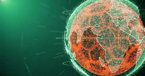 Μπάλα ποδοσφαίρου και τις ηπείρους της γης πλανήτης περιστρέφεται σε ένα παρασκήνιο διαβάθμισης, που αποτελείται από γραμμές και σωματίδια — Αρχείο Βίντεο