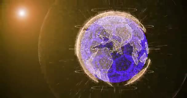 Pelota de fútbol y continentes del planeta tierra girando sobre un fondo de gradiente, que consta de líneas y partículas — Vídeo de stock