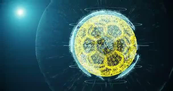 Bola de futebol e continentes do planeta Terra girando sobre um fundo gradiente, consistindo de linhas e partículas — Vídeo de Stock