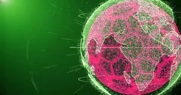 Fotbollen och kontinenter planetjorden roterar på en tonad bakgrund, som består av linjer och partiklar — Stockvideo