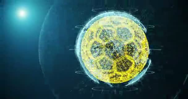 Футбольный мяч и континенты планеты Земля вращаются на градиентном фоне, состоящем из линий и частиц — стоковое видео