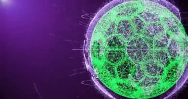 Futbol topu ve kıta hatları ve parçacıklar oluşan bir degrade arka plan üzerinde dönen planet Earth