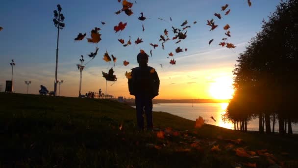 Un enfant jette des feuilles d'automne sur sa tête, au ralenti — Video