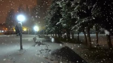 İlk kar, güzel bir akşam cityscape sırasında şehir parkta akşam yürüyüş