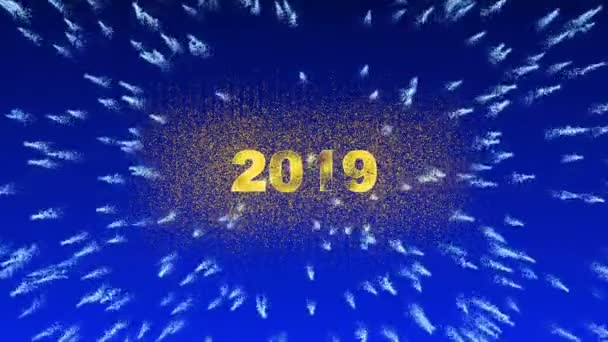 Animación conceptual de Año Nuevo, hermosos fuegos artificiales aparecen a partir de 2019, canal alfa — Vídeo de stock