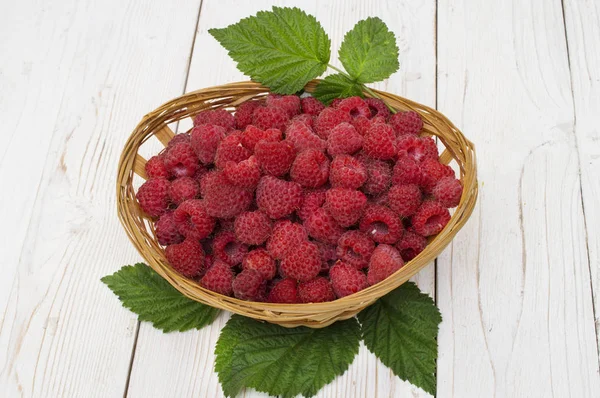 Reife Himbeeren im Korb mit Minze auf Weiß — Stockfoto