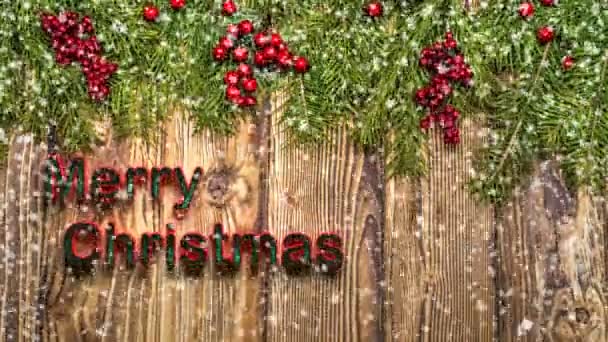Drewniany stół Boże Narodzenie Ozdoby Boże Narodzenie i nowy rok i piękne śniegu, pojęcie reklamy nowy rok i animowane karty Noworoczne — Wideo stockowe