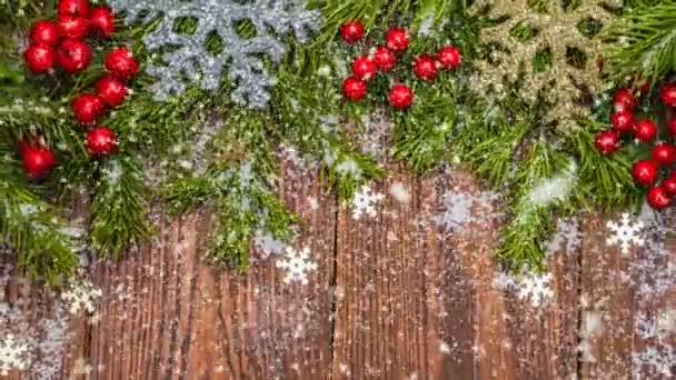 Ovanifrån, snö faller på julbordet, konceptuella jul Animering. — Stockvideo