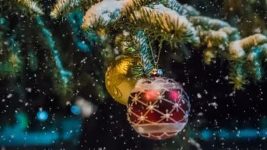 Kavramsal Noel animasyon, Noel süsleri, akşam kış manzara, köknar dalı karda video döngü ile karlı kış ormandaki yumuşak kar yağışı