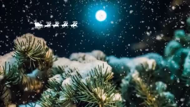 Weihnachtsmann fliegt am Nachthimmel vor dem Hintergrund des Vollmondes, konzeptionelle Neujahrsanimation, wunderschöne nächtliche Winterlandschaft mit fallendem Schnee — Stockvideo