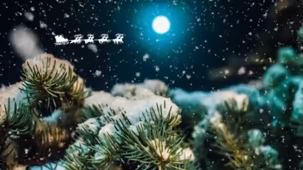 Babbo Natale vola nel cielo notturno sullo sfondo della luna piena, animazione concettuale di Capodanno, bellissimo paesaggio invernale notturno con neve che cade — Video Stock