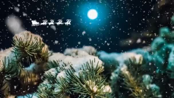 Santa flies in the night sky against the background of the full moon, new year conceptual animation, beautiful night winter landscape with falling snow — Stock Video