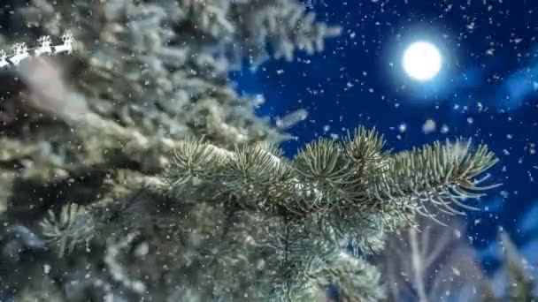 Papai Noel voa no céu noturno contra o fundo da lua cheia, animação conceitual ano novo, bela paisagem de inverno noite com neve caindo — Vídeo de Stock