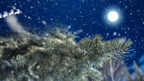 Papai Noel voa no céu noturno contra o fundo da lua cheia, animação conceitual ano novo, bela paisagem de inverno noite com neve caindo — Vídeo de Stock