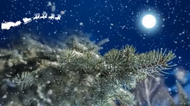 Santa leci na nocnym niebie na tle księżyca w pełni, nowy rok pojęciowy animacji, noc piękny zimowy krajobraz z padającego śniegu — Wideo stockowe