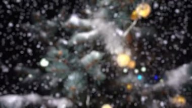 Kış karlı ormanlarda hafif kar yağışı, akşam kış manzarası, kar altında ladin dalları.