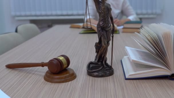 Юрист на робочому місці розглядає документи та законодавство — стокове відео
