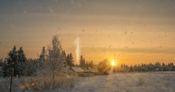 Een kleine blokhut in de buurt van het bos, een mooie sneeuwval in de zonsondergang, een mooie winterlandschap. Video lus, cinemagrapf — Stockvideo