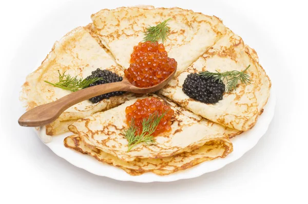 Traditional Russian crepes with black and red caviar. — Stock Photo, Image