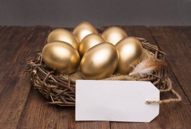 Bir etiket ve bir ahşap arka plan üzerinde metin için yer ile altın yumurta yuva. Başarılı emeklilik kavramı
