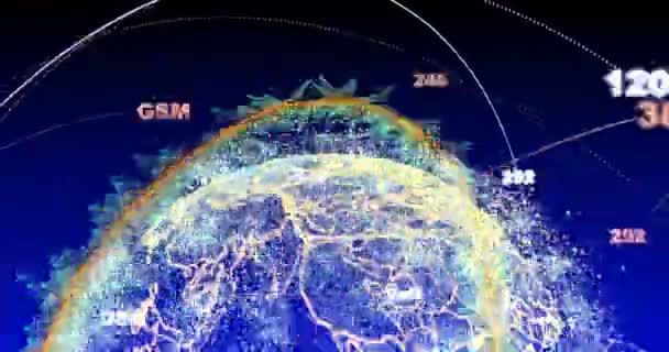Абстрактный глобус с частицами и структурой сплетения. Планета цифровых технологий с формированием континента. Триангулированная структура. Светящиеся и частицы. альфа-канал — стоковое видео