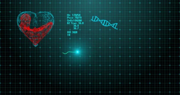 Srdeční monitor EKG jde rovná čára. EKG ukazuje pulzující srdeční frekvence. Vysoká kvalita, plné 4k animaci. Symbol srdce naplněné tekutinou. Koncepce obnovy po lékařské ošetření — Stock video