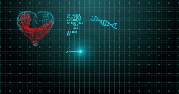 ECG moniteur cardiaque va ligne plate. ECG montrant un pouls cardiaque. Animation 4K complète et de haute qualité. Symbole du cœur rempli de liquide. Le concept de récupération après traitement médical — Video