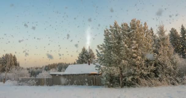 Mały drewniany domek w pobliżu lasu, piękny śniegu w zachód słońca, piękny zimowy krajobraz. wideo pętli, cinemagrapf — Wideo stockowe