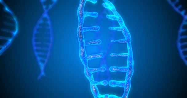 Абстрактна блискуча ДНК подвійна спіраль з глибиною різкості. Анімація побудови ДНК з уламків. Наукова анімація. Геном футуристичні кадри. Концептуальне проектування генетичної інформації. 4k — стокове відео