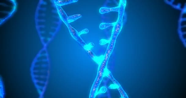 추상빛나는 DNA 피사계 심도이중 나선. 파편에서 DNA 구조의 애니메이션. 과학 애니메이션. 유전학 정보의 개념 적 디자인. 4k, 알파 채널 — 비디오