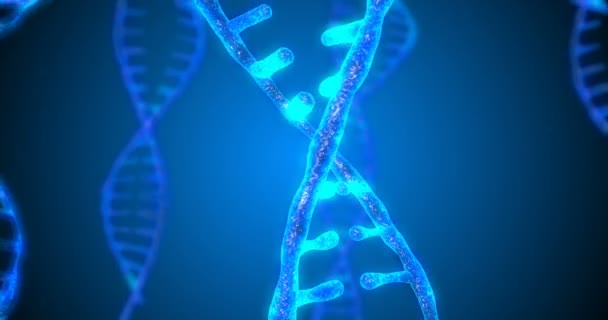 Абстрактна блискуча ДНК подвійна спіраль з глибиною різкості. Анімація побудови ДНК з уламків. Наукова анімація. Концептуальне проектування генетичної інформації. 4k, альфа-канал — стокове відео