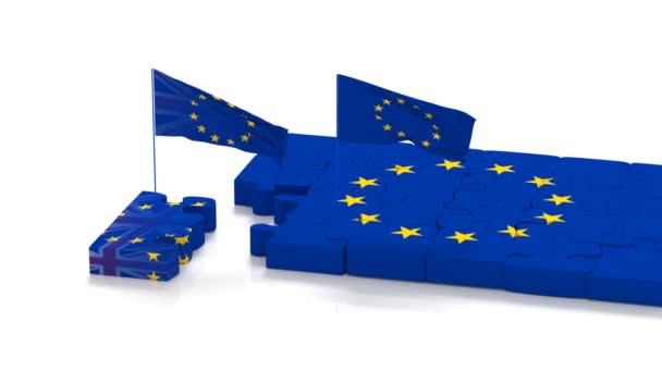 Rompecabezas con símbolos de la Unión Europea y el Reino Unido con banderas en desarrollo — Vídeo de stock