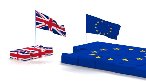 Pussel med symboler för Europeiska unionen och Storbritannien med att utveckla flaggor — Stockvideo