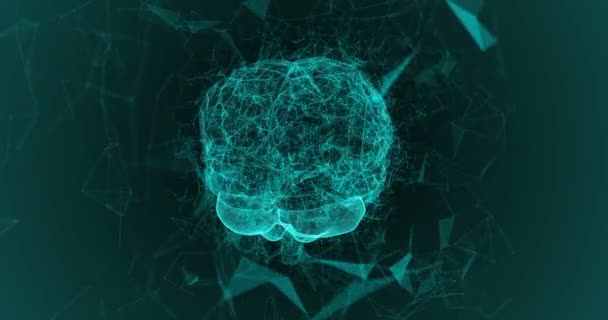 Ο ανθρώπινος εγκέφαλος σχηματίζεται από Περιστρεφόμενα σωματίδια. Η δομή του πλέγματος εξελίσσεται γύρω. Μπλε αφηρημένο φουτουριστικό φόντο επιστημονικής και τεχνολογικής κίνησης. — Αρχείο Βίντεο