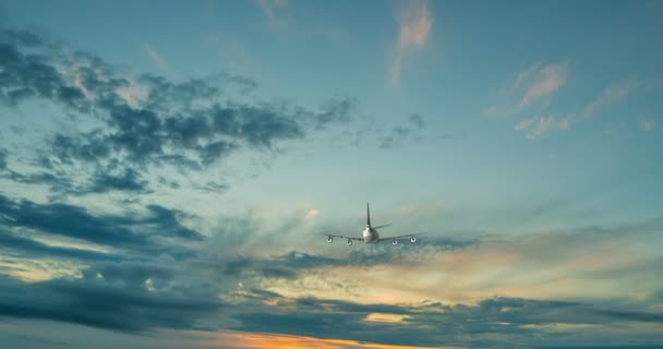 The plane flies in the cumulus clouds of the day sky, a beautiful time lapse with a flying plane — Stock Video