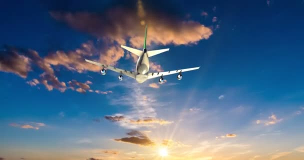 El avión vuela por el soleado cielo azul del día. vídeo en bucle, Time-lapse — Vídeos de Stock