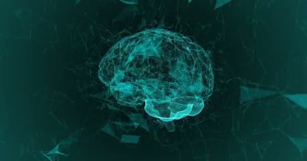 Ο ανθρώπινος εγκέφαλος σχηματίζεται από Περιστρεφόμενα σωματίδια. Η δομή του πλέγματος εξελίσσεται γύρω. Μπλε αφηρημένο φουτουριστικό επιστημονικό και τεχνολογικό φόντο κίνησης. κανάλι άλφα — Αρχείο Βίντεο