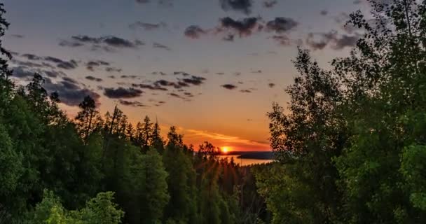 Bellissimo paesaggio al tramonto serale con un arco di tempo, foresta e fiume in lontananza — Video Stock