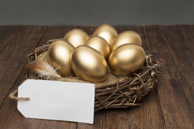 Bir etiket ve bir ahşap arka plan üzerinde metin için yer ile altın yumurta yuva. Başarılı emeklilik kavramı