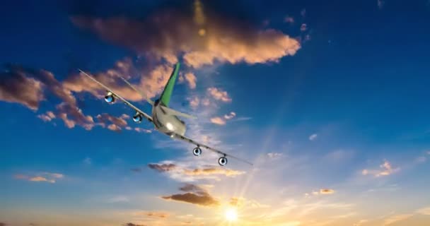 Vliegtuig vliegen door zonnige dag blauwe hemel. cyclisch video, time-laps — Stockvideo