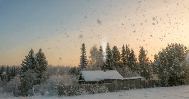 Una pequeña cabaña de troncos cerca del bosque, una hermosa nevada al atardecer, un hermoso paisaje invernal. lazo de vídeo, cinemagrapf — Vídeos de Stock