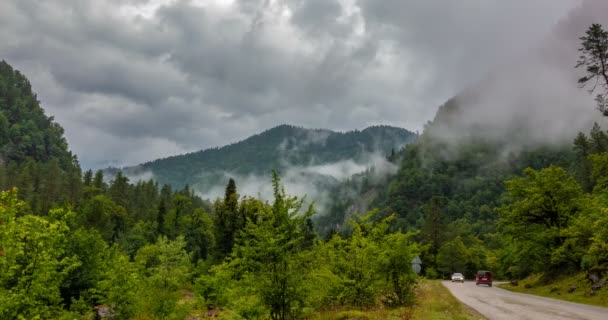 Eső után a hegyekben, köd emelkedik a hegyek, gyönyörű hegyi táj, az idő megszűnik — Stock videók