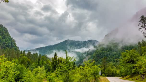 El inicio del crepúsculo en las montañas y la aparición de niebla en una serpentina de montaña, el tiempo de la noche de montaña caducan con las luces de un vehículo de paso rápido en la niebla . — Vídeos de Stock