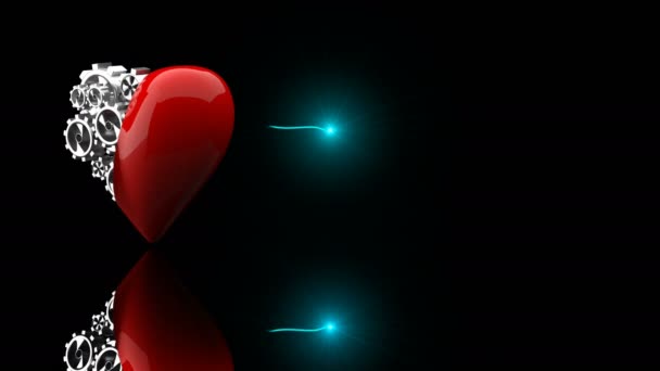 Simbolo della metà del cuore umano costituito da ingranaggi metallici, su uno sfondo nero. Il concetto di salute, medicina, tecnologia informatica, canale alfa — Video Stock