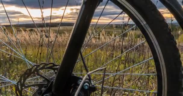 Движение камеры вдоль велосипеда против заходящего солнца, красивый пейзаж, временная пауза, гиперлапс — стоковое видео