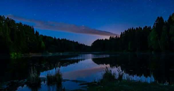 Vía Láctea y lapso de tiempo de estrellas sobre un lago tranquilo con siluetas de árboles — Vídeos de Stock